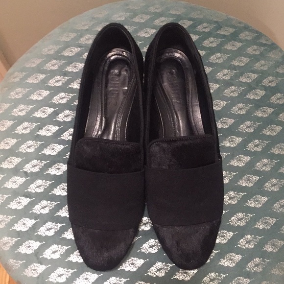 Schutz Pony Hair Black Shoes with Mirrored Heel - Picture 2 of 5